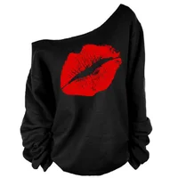 

Women Casual Lips Print One Shoulder Hoodie Sweatshirt