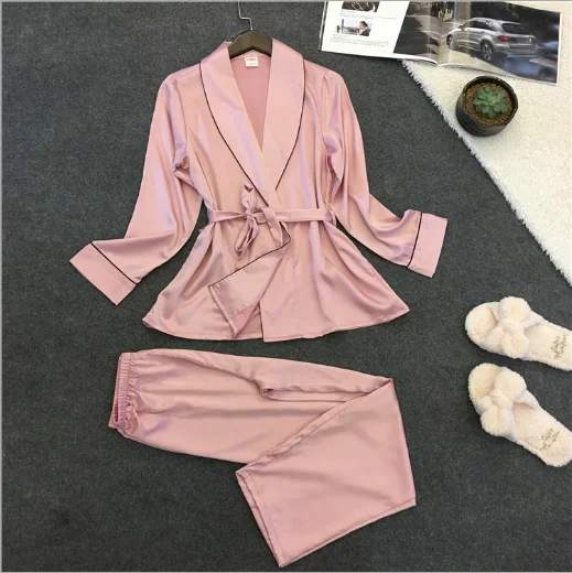 New ladies silk pajamas casual silk home dress long-sleeved trousers two-piece  with belt