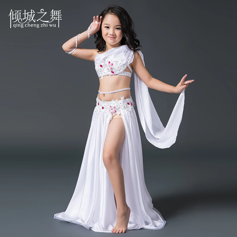 

RT014 costumes belly dance wear Spandex and Silk satin sets for children, White , orange, red, light purple