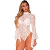 Womens Transparent Sheer Floral Lace Long Bell Sleeve Bodysuit