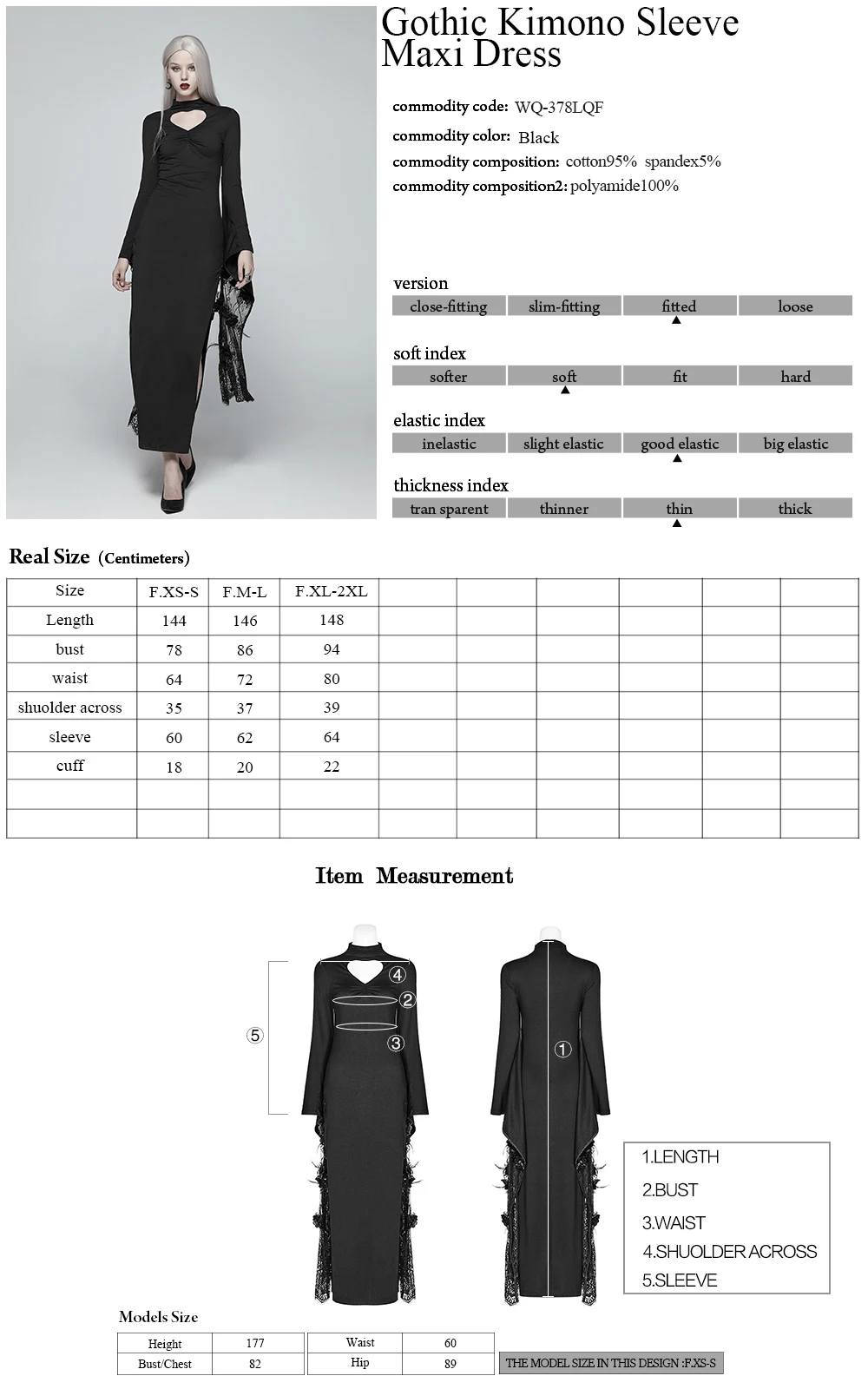 WQ-378 PUNK RAVE Gothic Kimono Sleeve Maxi Dress with drawstring opening fork