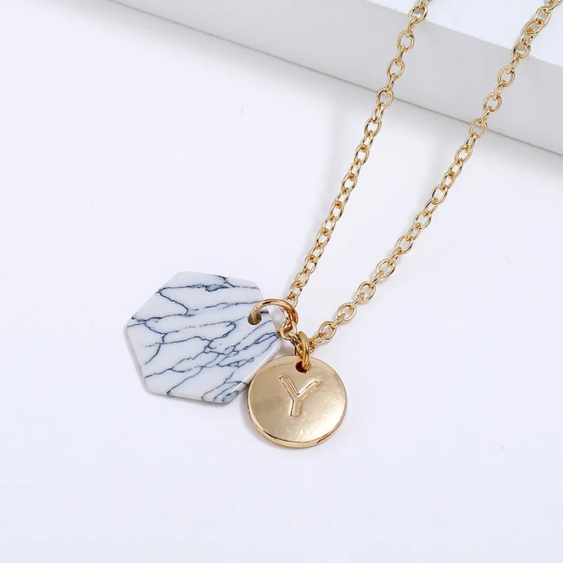

Amazon Hotsale 18K Gold Plated Natural Marble Turquoise Metal Disc Coin Alphabet Initial Letter Necklace, Gold silver