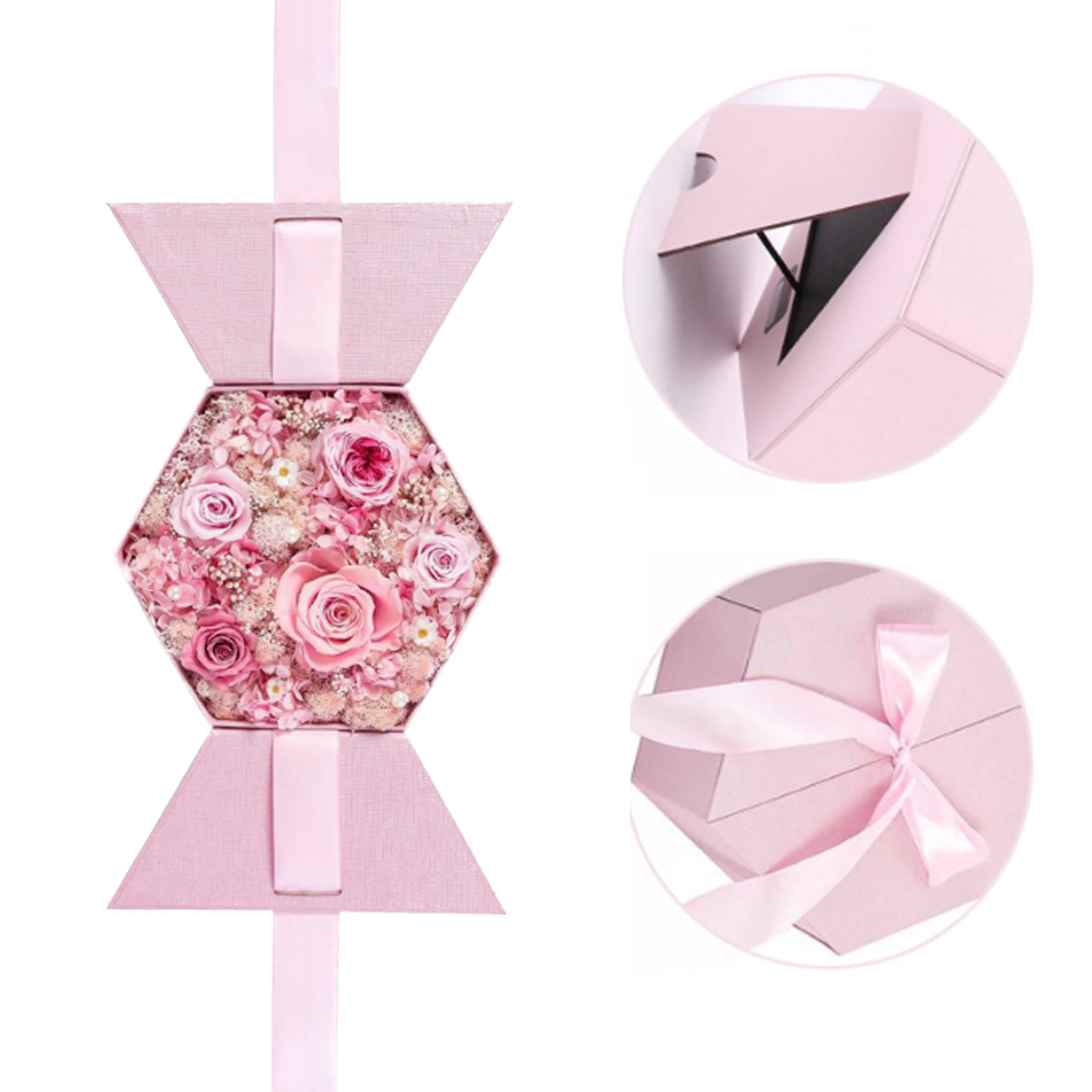 Manufacturer Custom Pink Color Hexagonal Ribbon Flower Box For