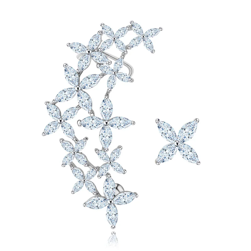 

Cubic Zirconia Lilac Flower Cluster Cartilage Ear Wrap Cuff Earrings Silver Tone Ears Climbers Earrings Stud Set