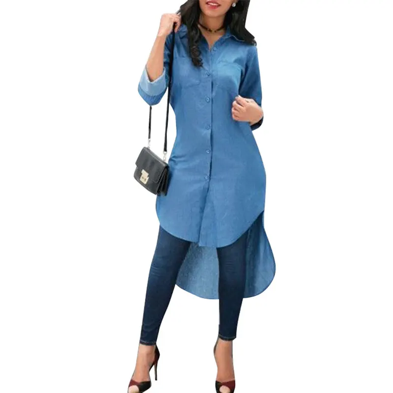

L51492 Summer Women Casual Asymmetrical Denim Blue Mid Calf Dress