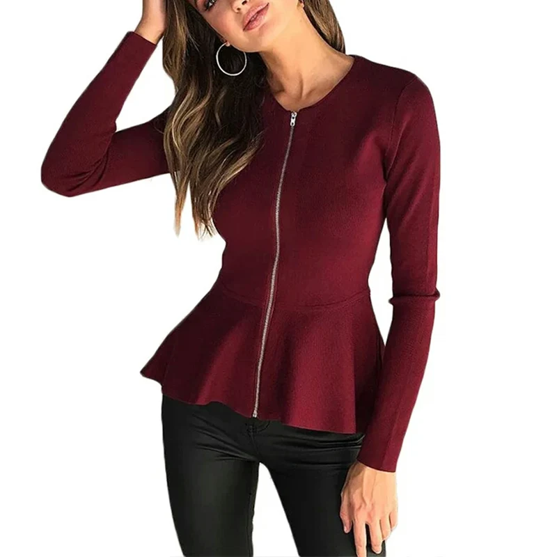 

Women Spring Autumn Long Sleeve Zipper Women Coats Solid Casual Slim Cardigan Coat Female Cool Short Ruffle Jackets