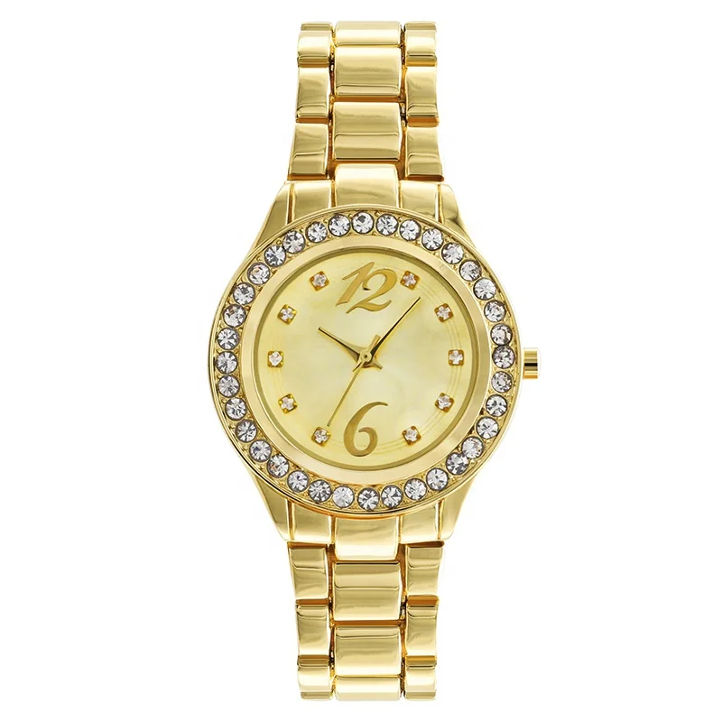 Best selling cheap good quality water resistant Japan movt gold women watch rhinestone watch cloth dress alloy band