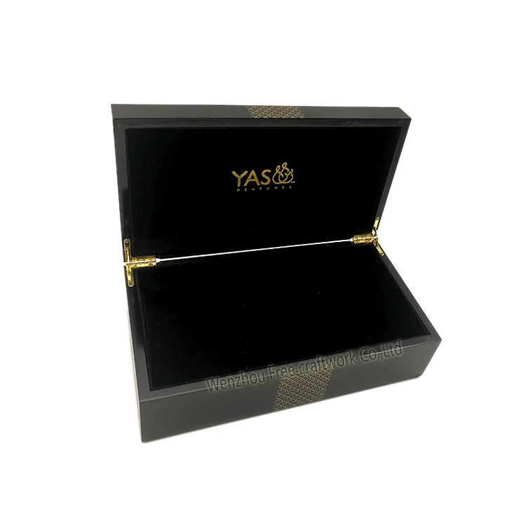 
Custom luxury black piano paint MDF wooden box for storage perfume varnish wooden Packaging gift box with hinged lids 