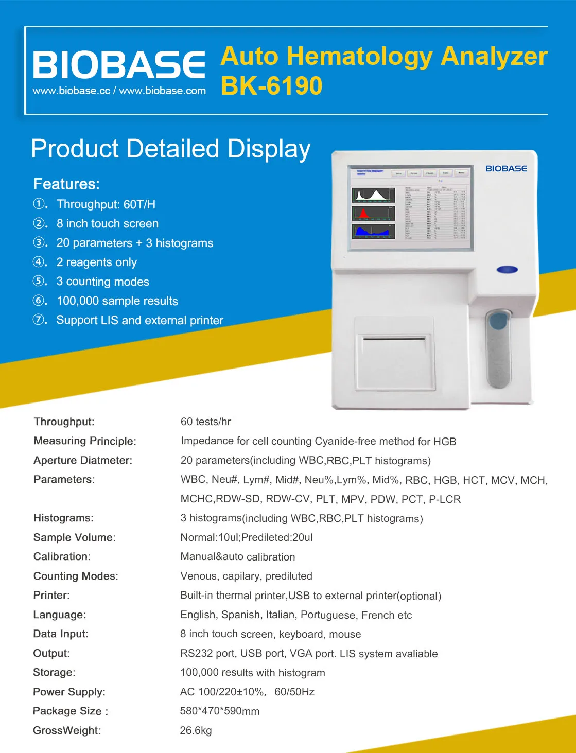 Open Reagent RBC WBC Chamber 3 Part Auto Hematology Analyzer Fully