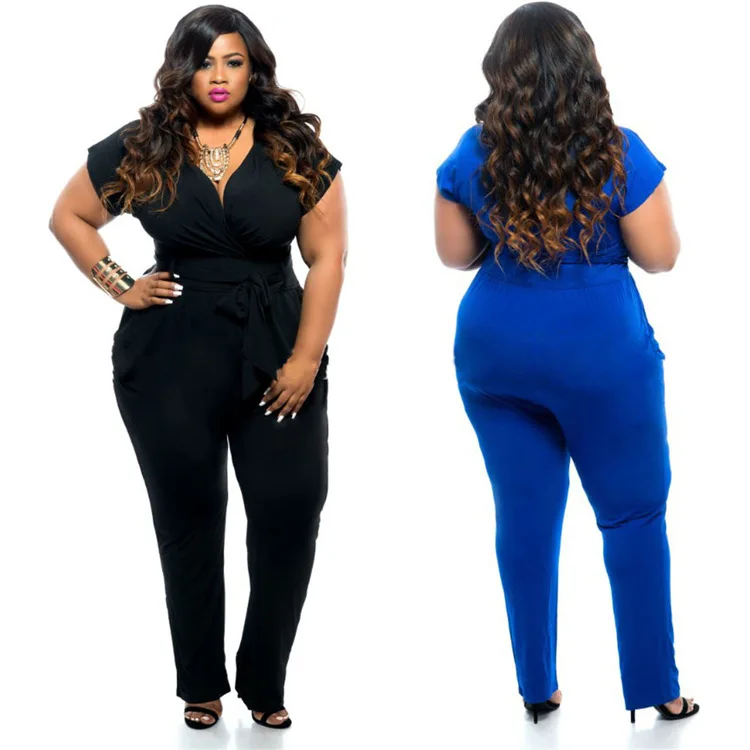 

Plus Size Women Bodysuit L- 3XL Sexy Romper Jumpsuit Short Sleeve Playsuit Large Overalls, Black/blue