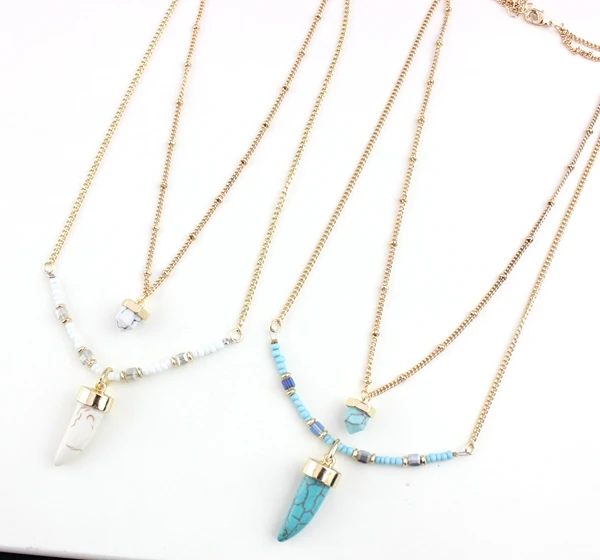 

Nature Gemstone Double Multi Layered Rice Beads Tiny Jewelry Hexagonal Moon Crescent Shaped Turquoise Beaded Necklace