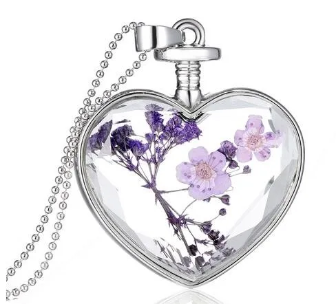 

Natural Dried Creative Flower Heart Glass Bottle Pendant Chain Necklace Jewelry