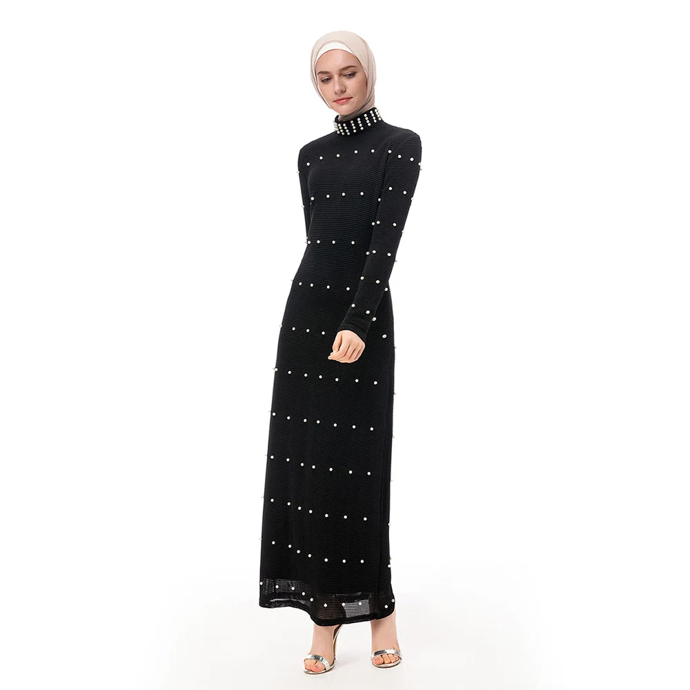 

New Arrival Quality Modest Muslim Women Fancy Party Dress Big Pearls Slim Islamic Dress 2019, Black