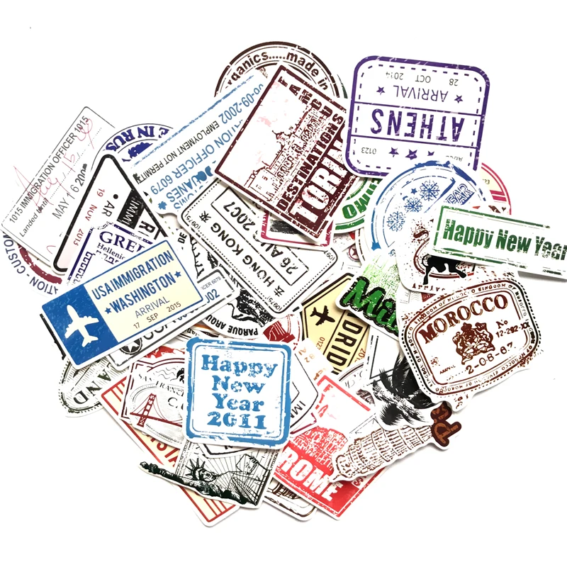 
60 sheets / bag Vintage Stamps Decorative Waterproof Vinyl Stickers Decal for Suitcase Skateboard Travel CASE 