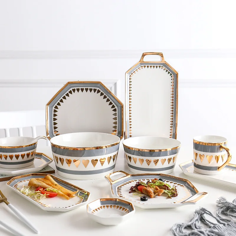 High-end Western style gold rim octagonal porcelain tableware set dinnerware dishes plates