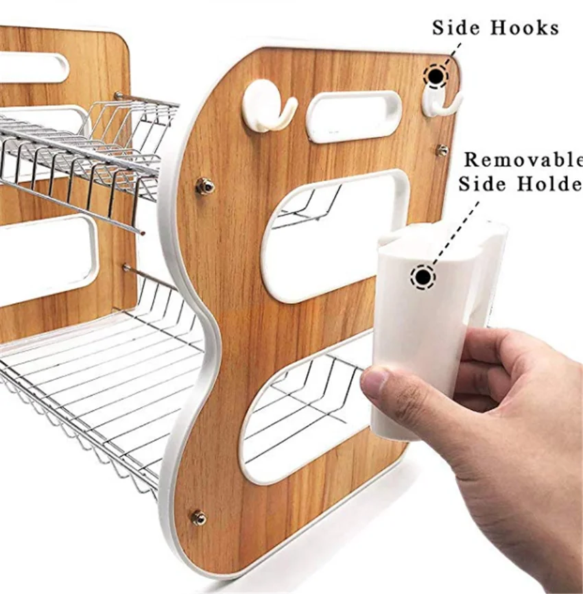 2tier Wood Dish Rack And Drainboard,17"x15"x10.2" Kitchen Plate Cup