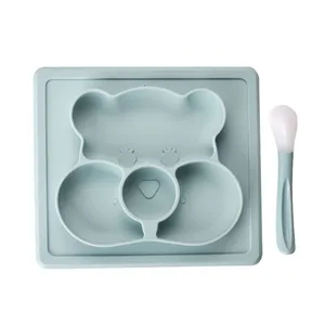 Papa Care Eco-friendly 100% Food Grade Bear Shape Tableware Baby Silicone License Plate  Kids Children Plates With Spoon