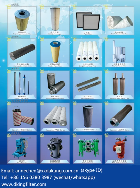 Candel Filter,Air Filter,Oil Filter,Water Filter,Hydraulic Filer,Duplex Filter,Filter Element,HEPA Filter,Basket Strainer,Panel Filter,Equivalent HYDACLEEMIN Series