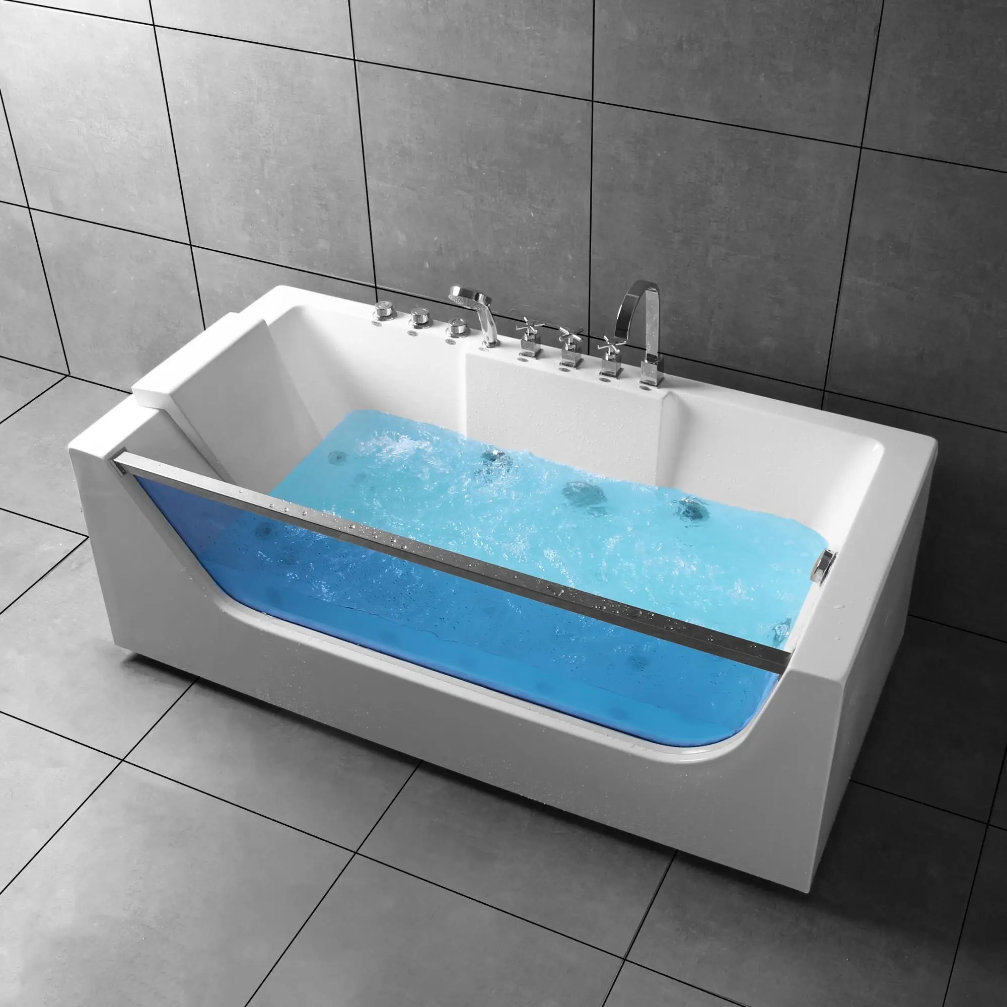Glass Luxurious Jet Massage Bath Tub With Tv And Colored Bubble