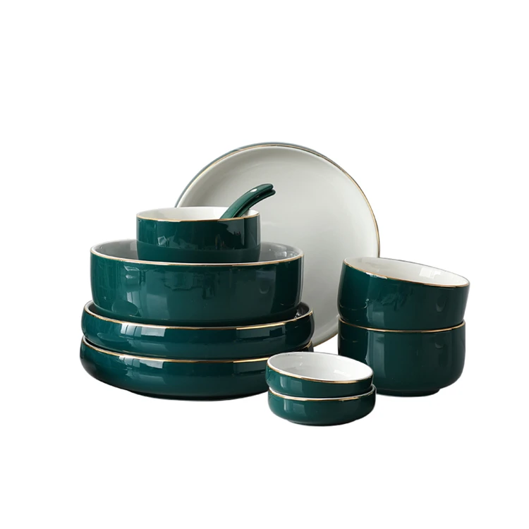 Italian style jasper green luxury gold rim ceramic dinnerware set for restaurant 
