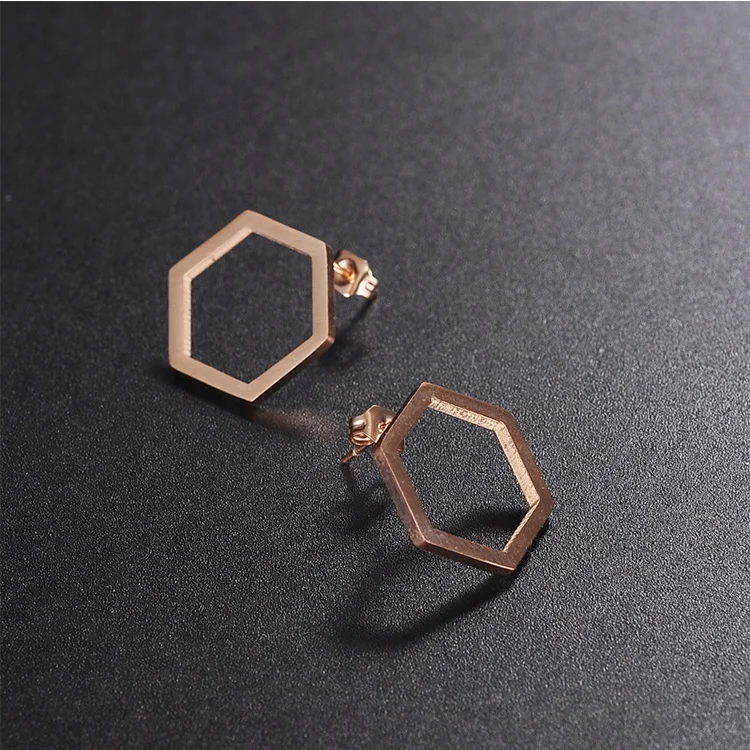 

EAST QUEEN Wholesale Hot Selling Fashion 316L Stainless Steel Hexagon Stud Earrings, Silver,gold,rose gold