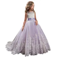 

2018 Purple and White Flower Girls Dresses Beaded Lace Appliqued Bows Kids Girls Pageant Gowns