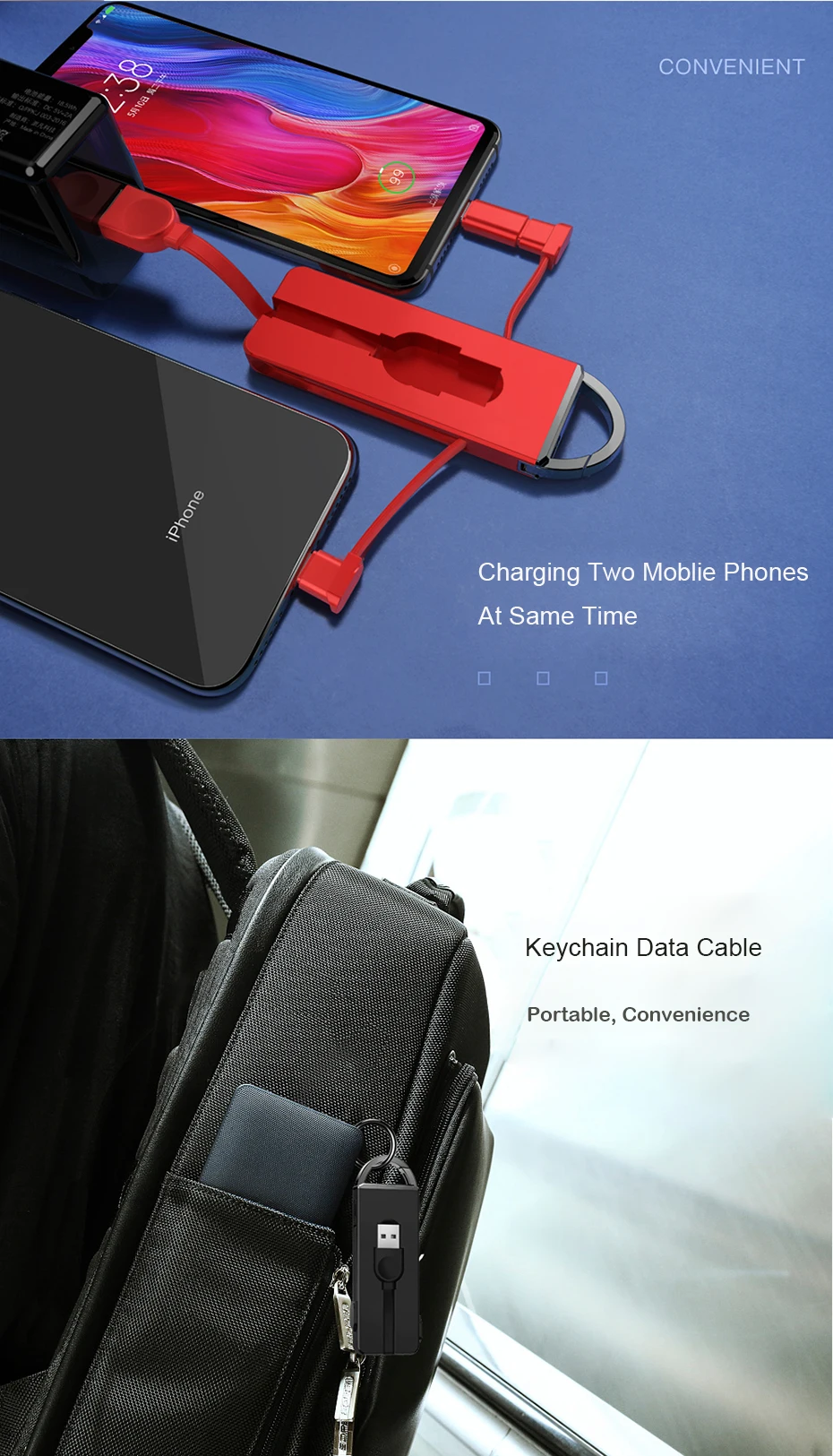 OATSBASF折叠钥匙扣3合1充电Micro USB线适用于iPhone Type c Android