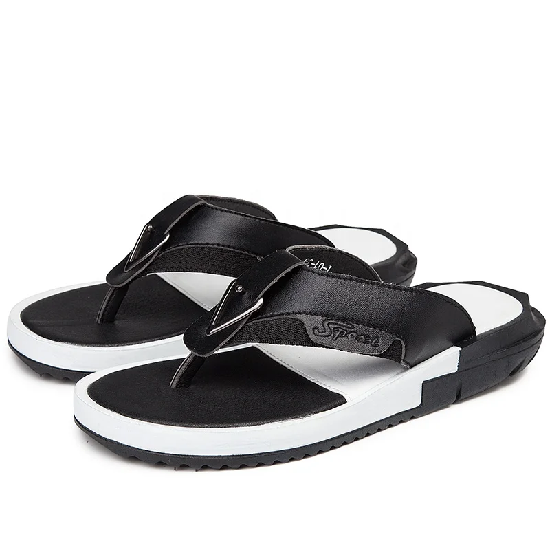 

durable rubber non-slip flat men microfiber leather flip-flops, Black,white same as photos