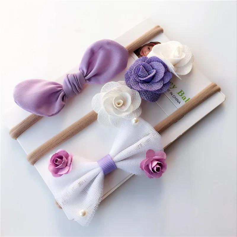 3pcs Baby Toddler Girls Bow Purple Flower Headband Elastic Nylon