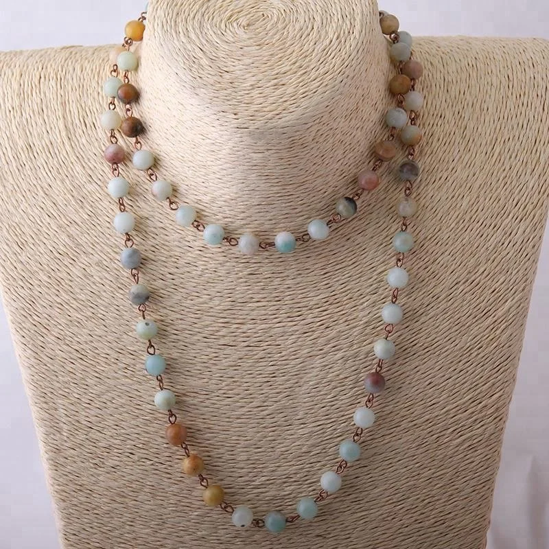 

Fashion Women Rosary Chain Amazonite Stone necklaces Bohemian Tribal Jewelry Statement Necklace, Matt or shiny stone