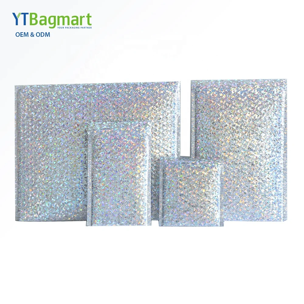 
Custom Printed Glamour Bubble Envelope Mailing Bags Rainbow Metallic Poly Holographic Bubble Mailers 
