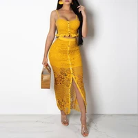 

2019 Sexy Two Pieces Spaghetti Straps Yellow Tight Lace Maxi Dresses for Women