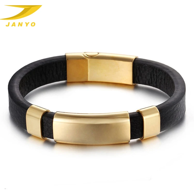 

Luxury gold jewelry mens leather cuff bracelet, Black+gold/black+silver