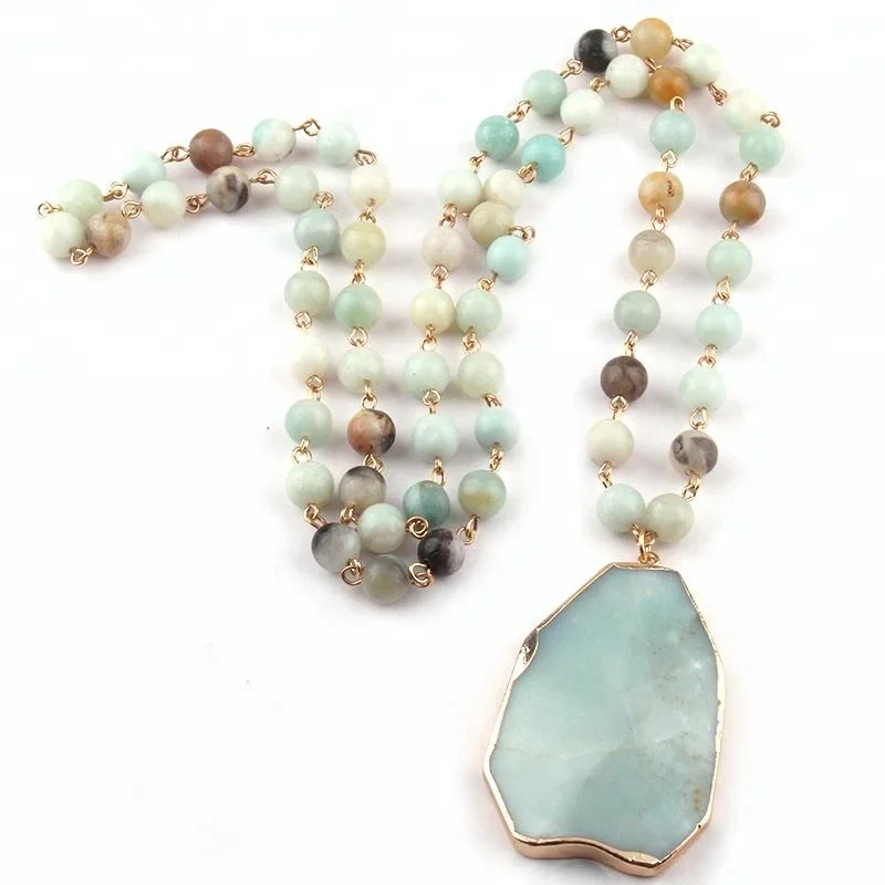 

Fashion Amazonite Natural Gemstone Necklace Rosary Chain Square Stone Pendant Women Necklace