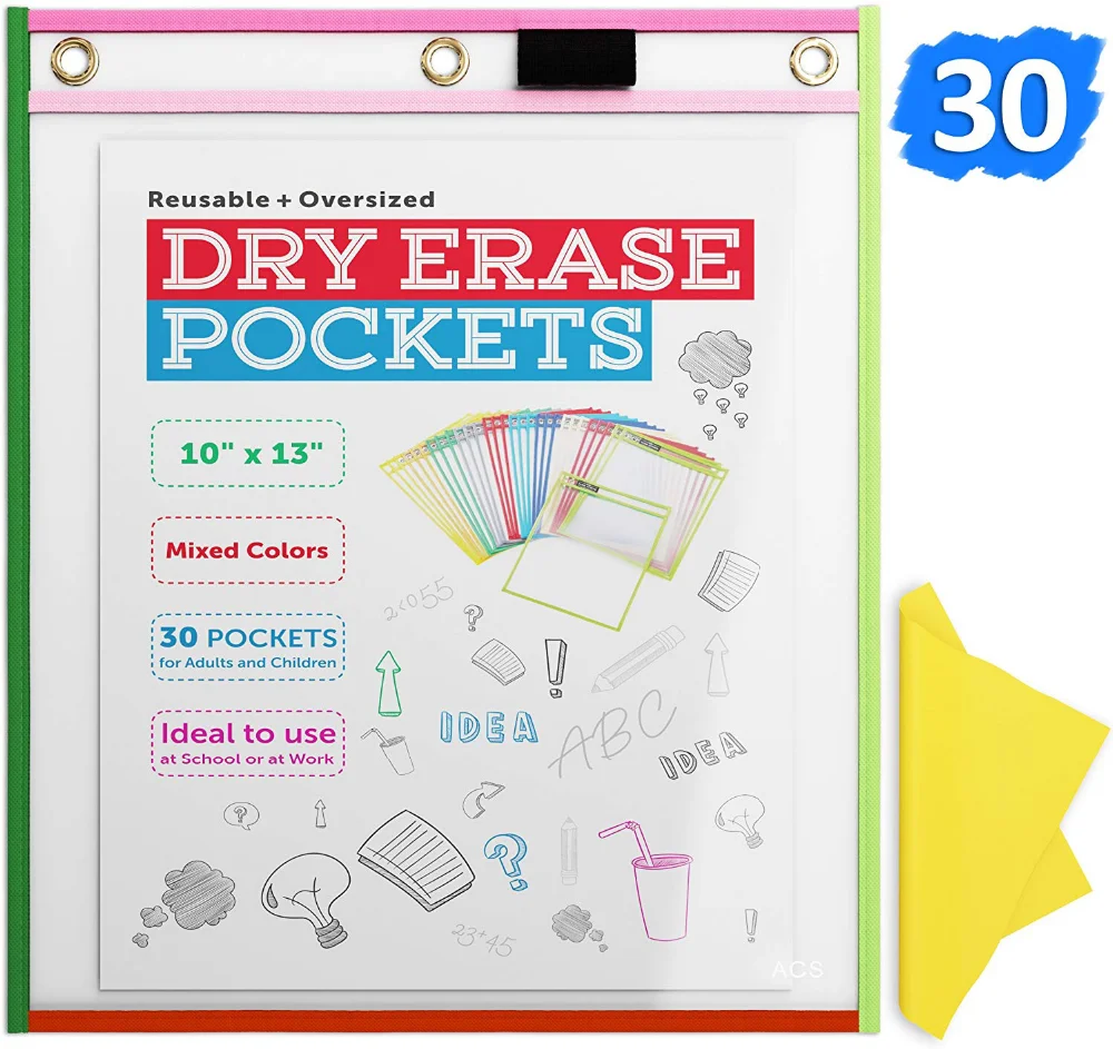 Dry Erase Pockets (10" X 13") reusable & Oversized Clear Plastic
