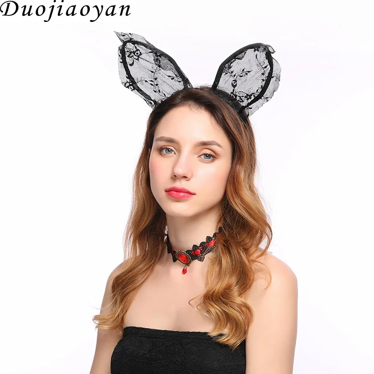 Women Girls Costume Black Lace Cat Ears Headband Hairband 