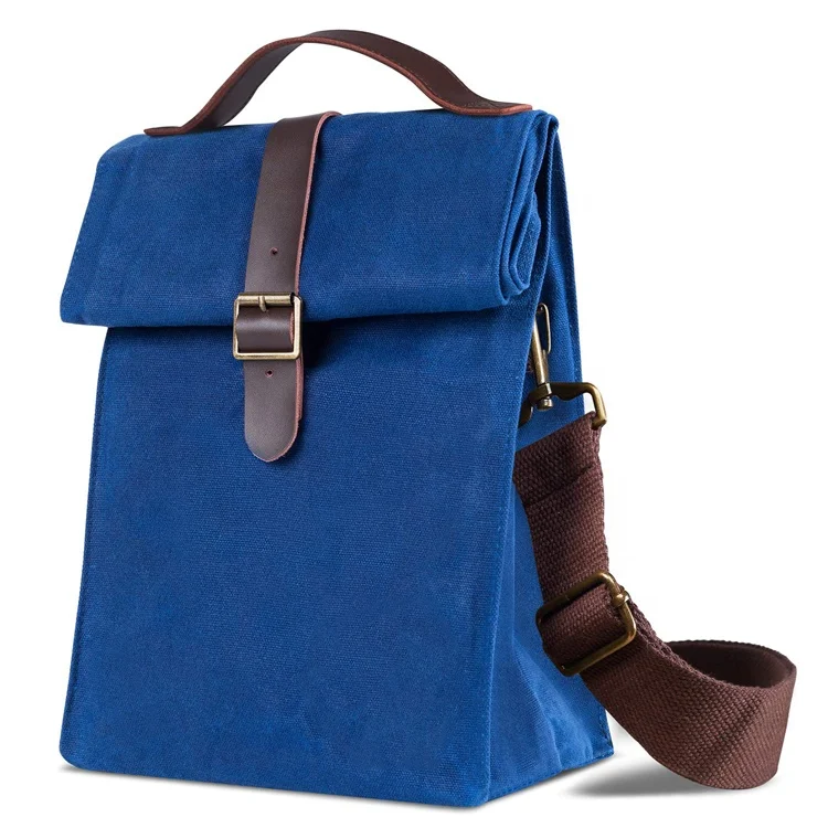 

Customized Blank OEM insulated Waxed Canvas Lunch Tote Bag with high quality Leather Handle and Adjustable Strap, Blue or customized