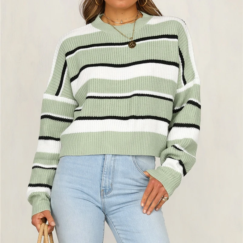 

fashion Round collar striped Acrylic knit sweater for ladies loose large size pullover jumper women knitwear