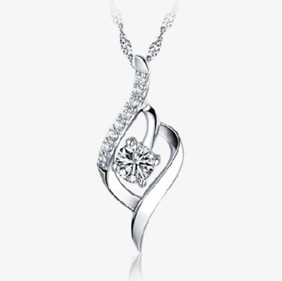 

925 Sterling Silver Necklace Women Silver Jewelry Cubic Zirconia Twist Pendant, White gold