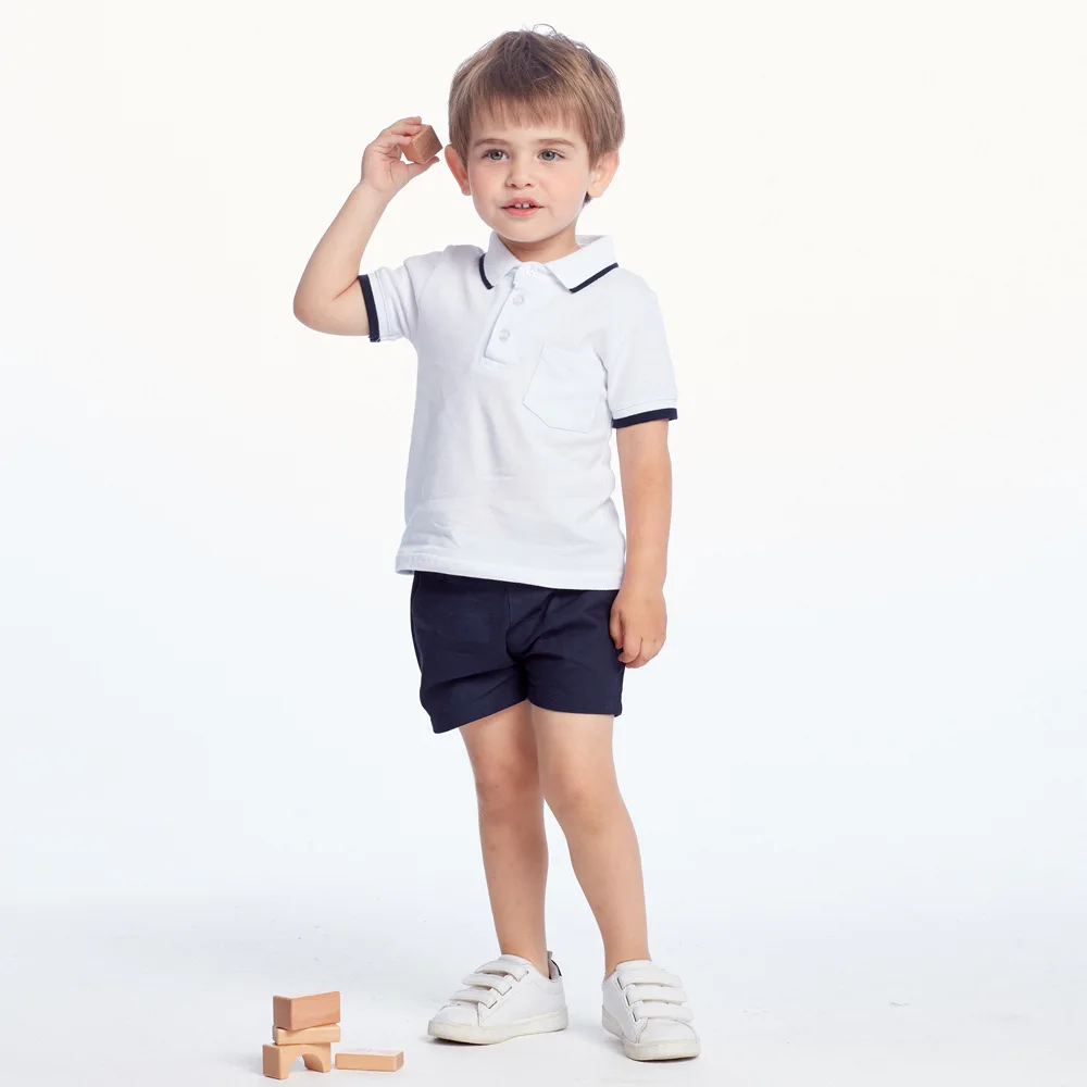 

or60296a New style summer boy cotton shirt short sleeve and shorts two pieces children cloth, White;navy