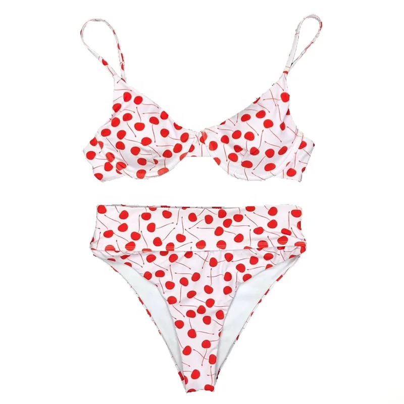 

Wholesale cheap women cherry printed high waisted swimsuit 2019 sexy girl bikini, White