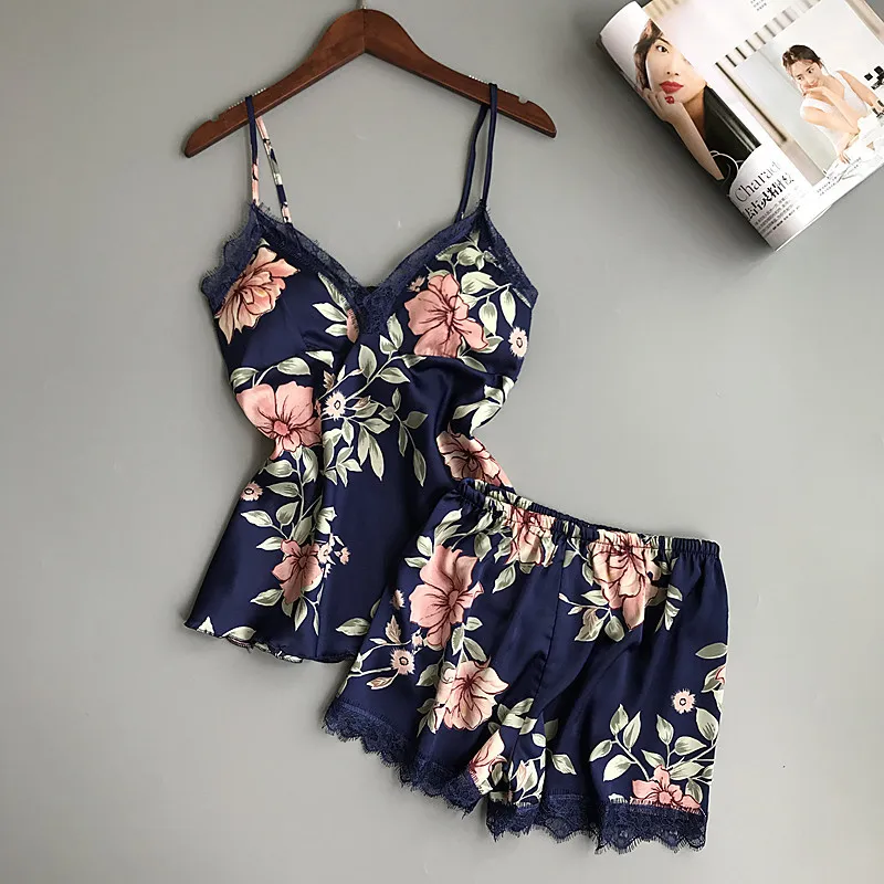 

Sleep Lounge Pajama Set Sexy Satin Sleepwear Women Summer Pyjama Femme Fashion Flower Pajamas for Women, As shown