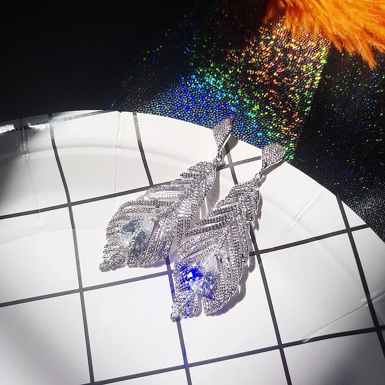 

925 Silver Pin Luxury Cubic Zirconia Leaf Earrings European Exaggerated CZ Statement Stud Earrings Bridal Earrings Wedding, Picture