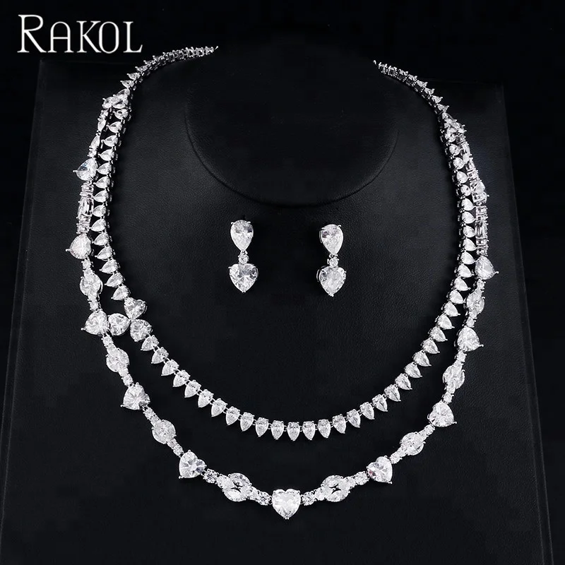 

RAKOL girls gift crystal heart shape cubic zirconia double layer CZ necklace earrings jewelry set S384, As picture