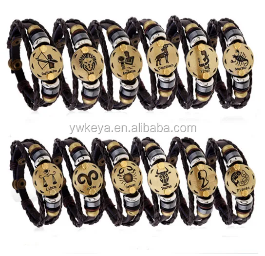 

Wholesale Fashion Bronze Alloy Buckles 12 Zodiac Signs Punk Mens Leather Black Gallstone bracelet