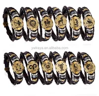 

Wholesale Fashion Bronze Alloy Buckles 12 Zodiac Signs Punk Mens Leather Black Gallstone bracelet