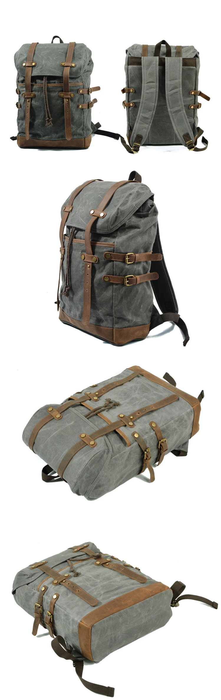 2018 New design waxed retro canvas waterproof causal stylish rucksack bag backpack back pack leather trim