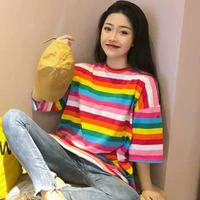 

Sweet Rainbow Striped Print Half Sleeves T-shirts Women's Fashion O Neck Tees Tops