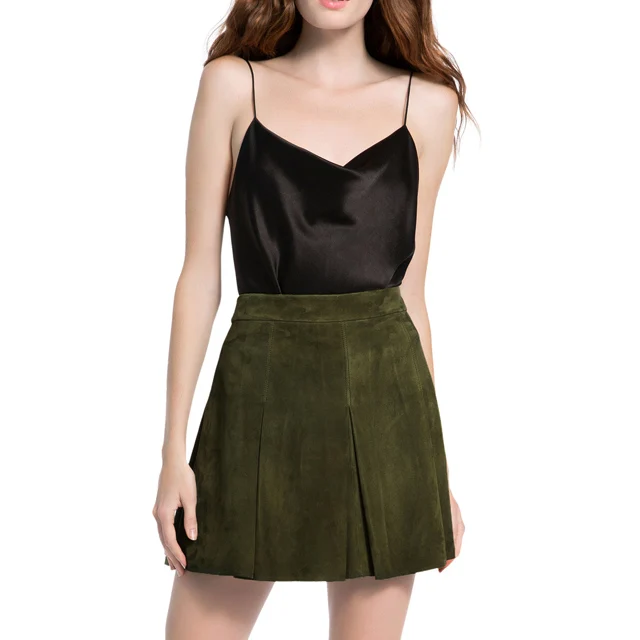 

Custom Ladies Stylish Brown Extreme Short Pleated Suede Skirt, Any color