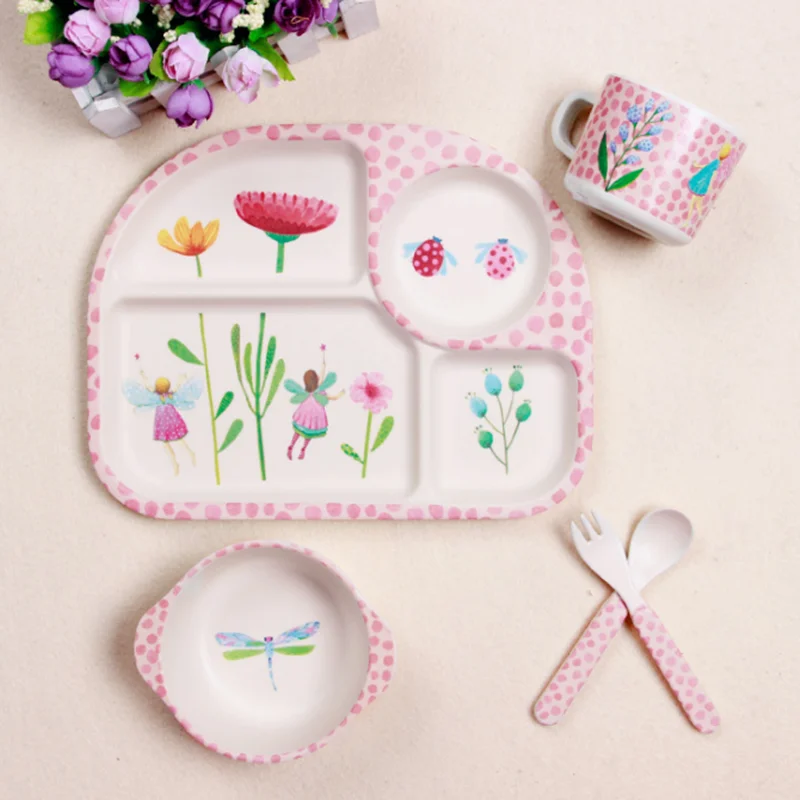 

Wholesale 5 piece eco -friendly bamboo fiber kids dinnerware baby bamboo fiber dinnerware children dinnerware sets, Green , red ,sliver , blue ,white or as your request